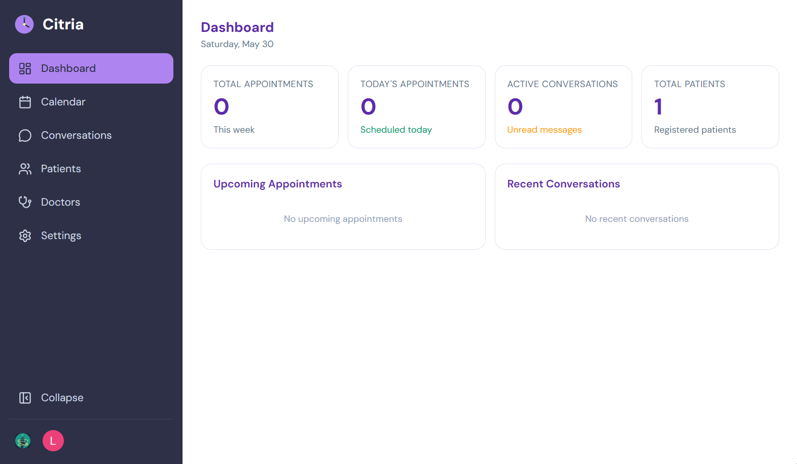 Citria dashboard showing clinic appointments, conversations, and patients.